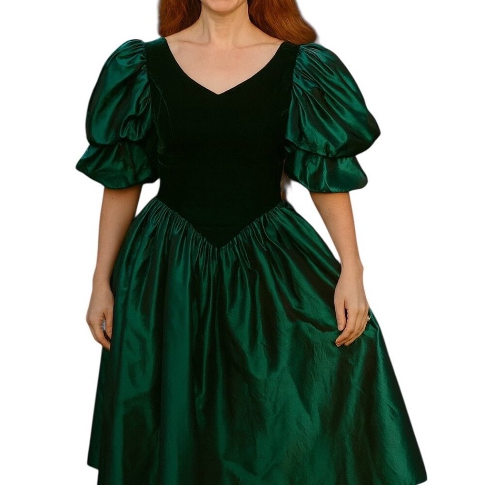 Vintage 80s ILGWU‎ Emerald Green Velvet Taffeta Puff Sleeve Dress USA 7